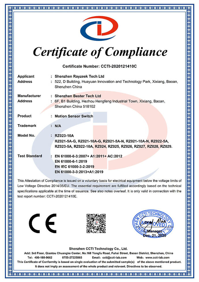 rayzeek bewegingssensor ce certificering