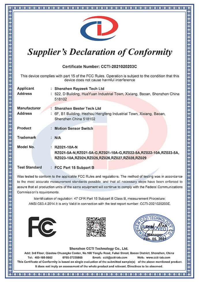 rayzeek bewegingssensor fcc certificering