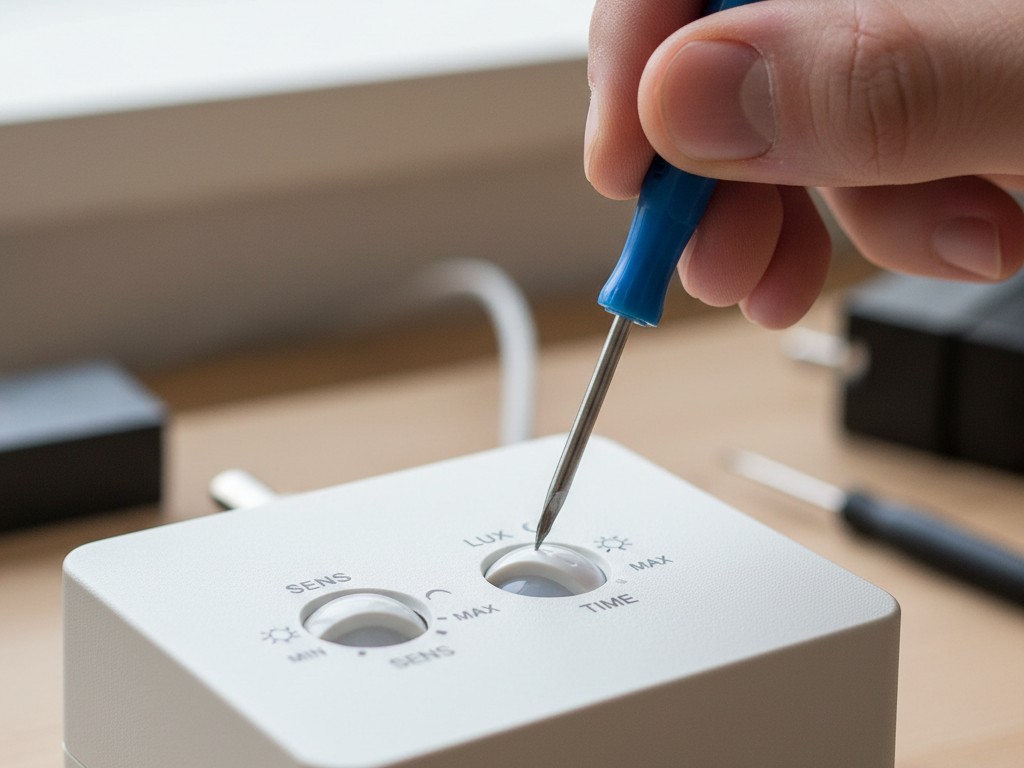 Een close-up van de hand van een persoon die een kleine wijzer op de achterkant van een stekkerbare bewegingssensor afstelt.