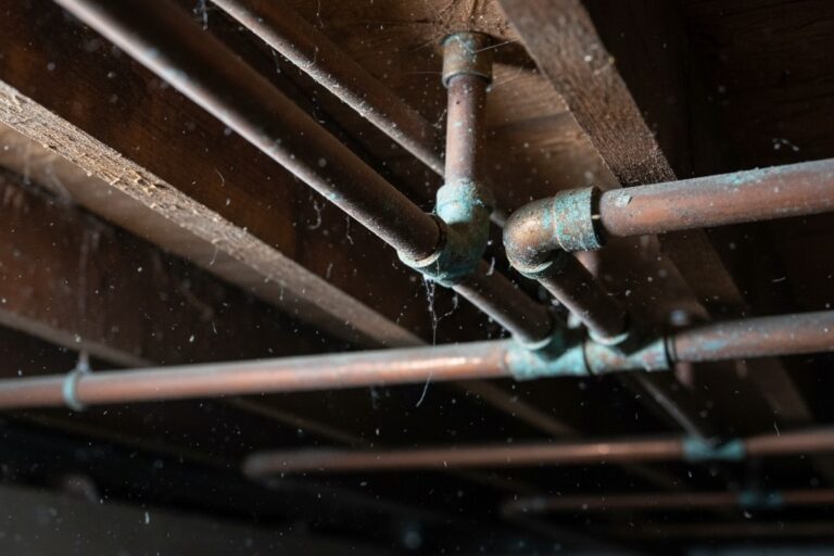A close-up photograph of dusty, aged copper water pipes running along dark, rough-sawn wooden joists in a dimly lit space.