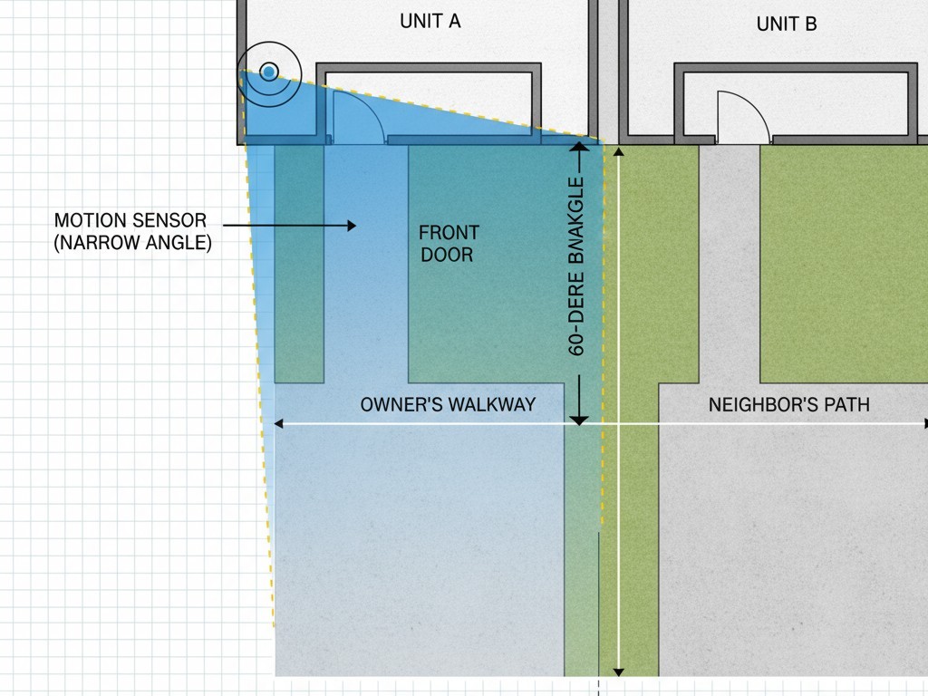 頭頂圖解顯示一個狹束傳感器正瞄準特定的人行道範圍，同時避開鄰居的地產。