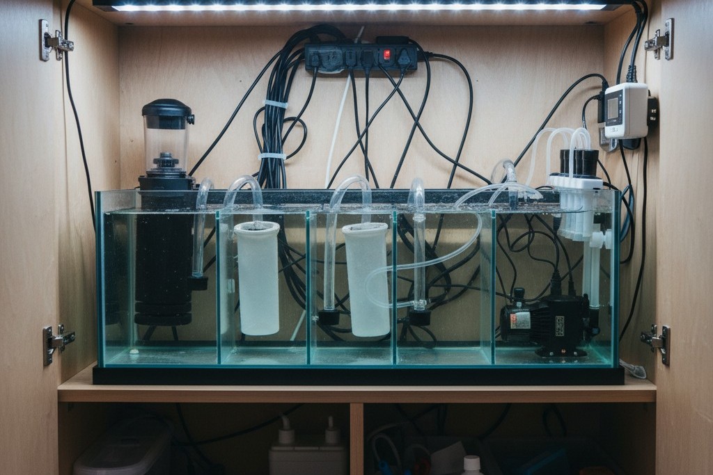 Optimal Placement for Aquarium Sump Lighting The inside of an aquarium cabinet is lit from an LED strip mounted on the front lip, angled inwards to illuminate equipment without casting shadows.