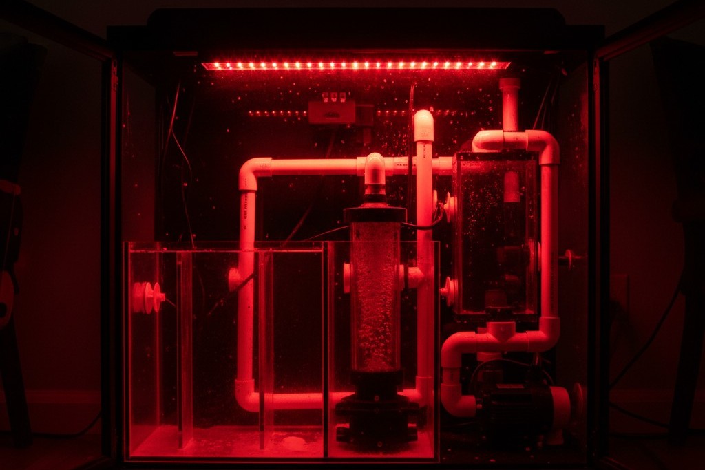 Aquarium Sump Illuminated by Red Task Light The interior of an aquarium cabinet is illuminated by a calm, deep red light, revealing complex plumbing and equipment without harsh glare.