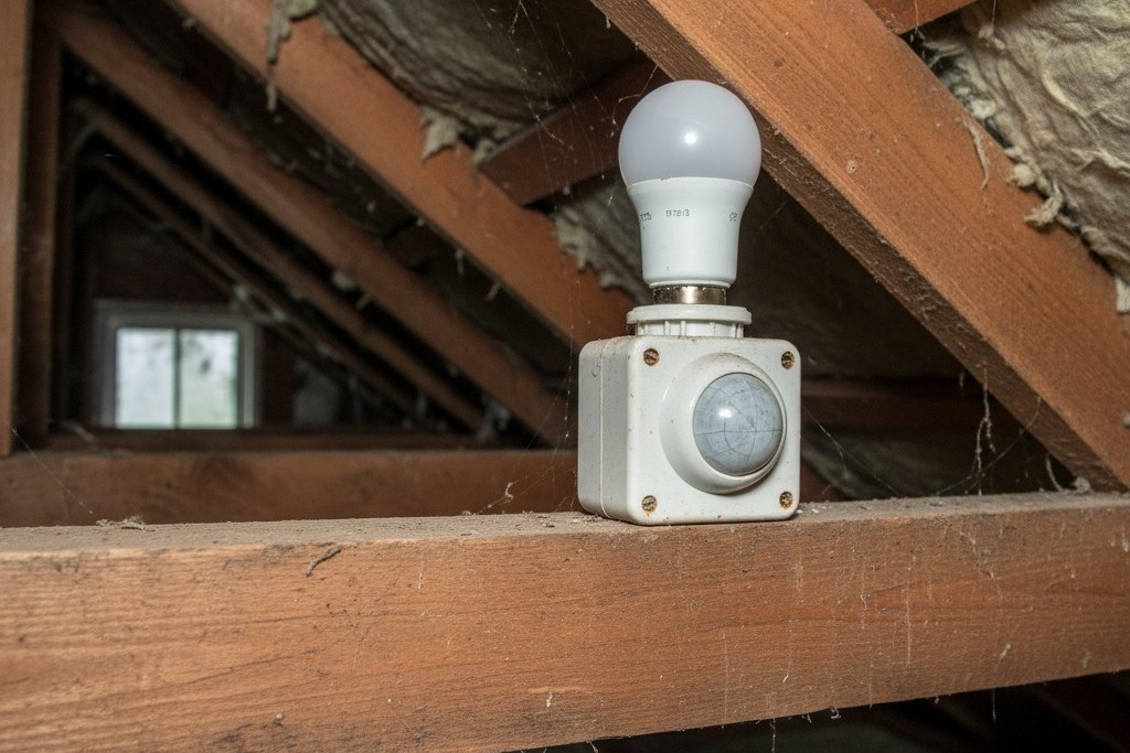 Kurulu Hareket Sensörü ve Ampul Boşlukları Bir hareket sensörü adaptöründe bulunan LED ampul, çatı katının tavan armatürüne çok yakın konumlandırılmıştır ve ahşap bir çatı kirişine çok yakındır.