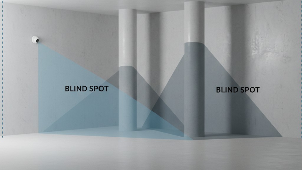 Sensor de Parede Cria Pontos Cegos no Porão Um diagrama de um porão com pilares de suporte. A linha de visão horizontal de um sensor montado na parede é bloqueada pelos pilares, criando grandes áreas de sombra onde ele não consegue detectar movimento.