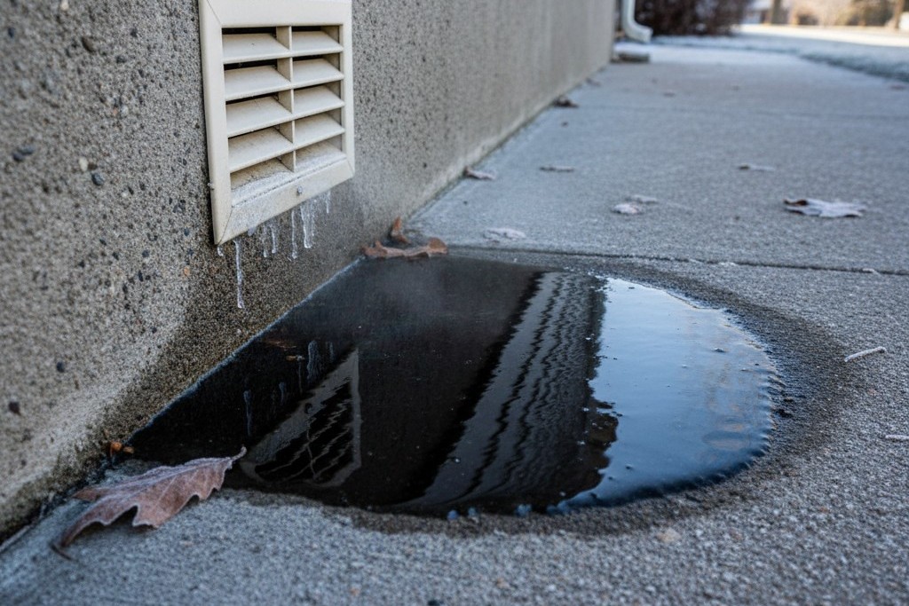 Black Ice Hazard from a Vent A patch of glistening black ice has formed on a concrete walkway on the ground directly below an exterior wall vent. Some frost and snow are visible nearby.