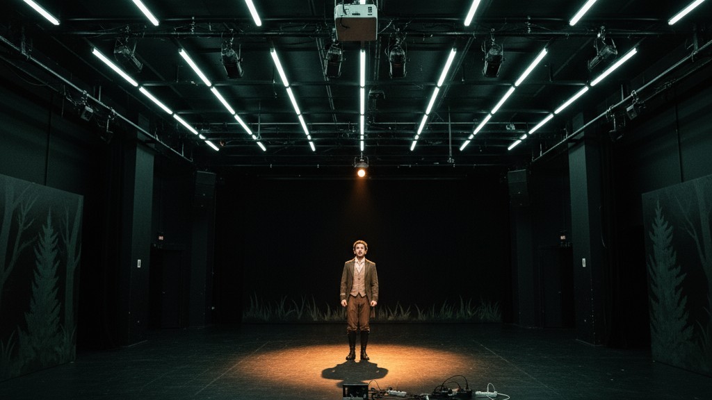 Dramatic Moment Shattered by Automated Lights A dark stage in a black box theater where a performance is interrupted by harsh, bright utility lights flickering on from the ceiling, ruining the dramatic mood.