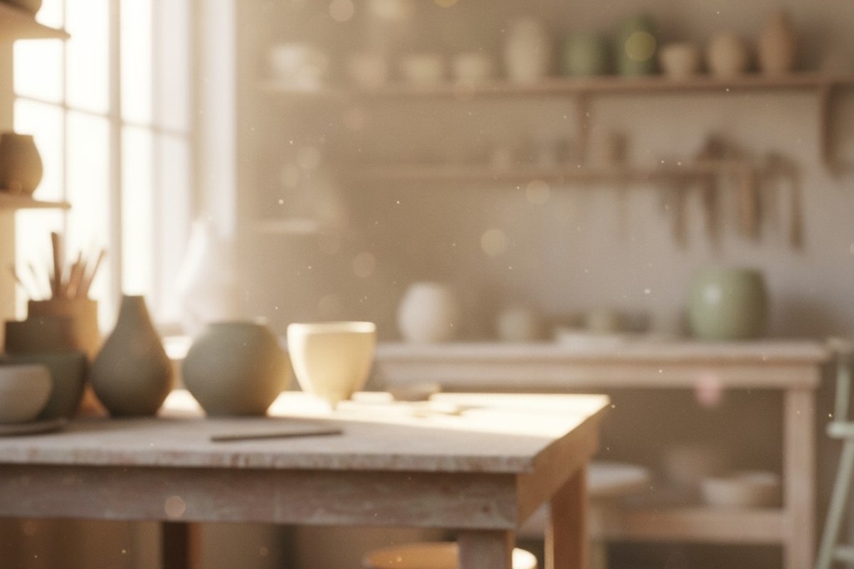 A heavily blurred view of an artisan's workshop with soft, diffused lighting. Vague shapes of workbenches, shelves, and tools create an atmospheric, out-of-focus background.