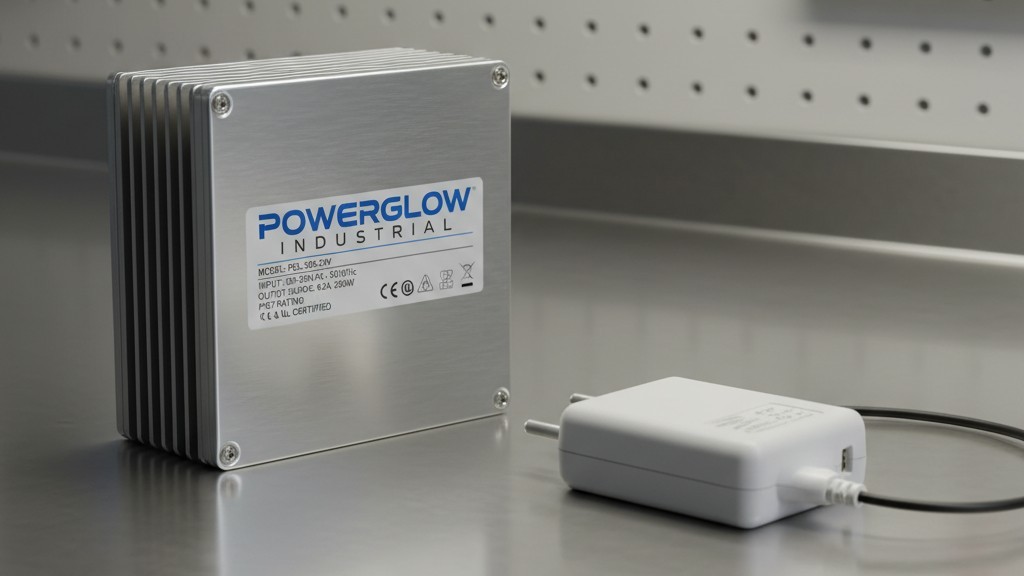 Comparison of Branded and Generic LED Drivers On a workbench, a professional metal-cased LED driver with clear labels sits next to a cheap, generic white plastic power adapter with no branding.