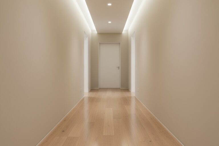 رؤية مباشرة لممر سكني فارغ مضاء بشكل ساطع بجدران بلون بيج فاتح، وأرضية من خشب البلوط الفاتح المصقول، وباب أبيض مغلق في النهاية البعيدة