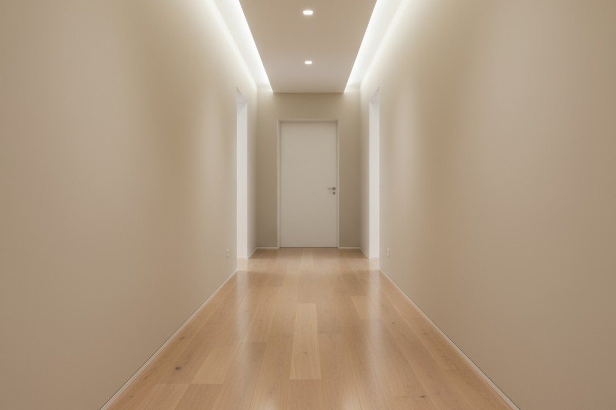 O vedere directă asupra unui hol rezidențial bine luminat, gol, cu pereți în nuanță de bej deschis, podea din lemn de stejar lustruit și o ușă albă închisă la capăt.