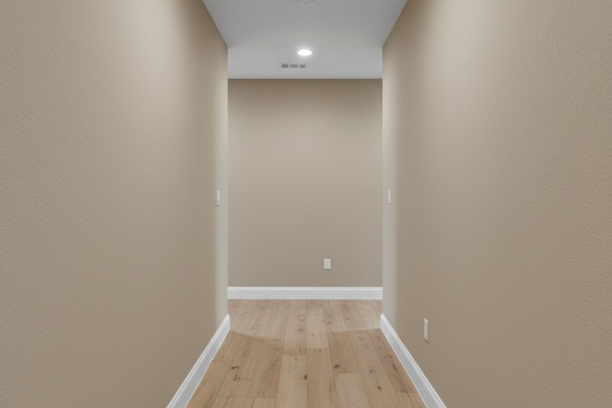 A brightly lit and empty L-shaped hallway in a modern home with neutral beige walls, white baseboards, and light oak laminate flooring. The space is evenly illuminated by recessed ceiling lights.