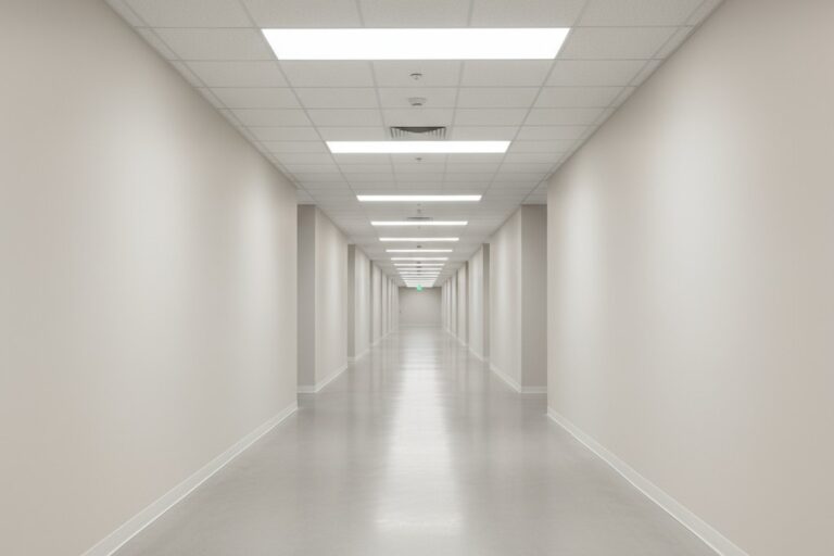 ทางเดินพาณิชย์สมัยใหม่ว่างเปล่าพร้อมพื้นคอนกรีตสีเทาอ่อนเงาและผนังสีขาวอมเหลือง ถูกส่องสว่างอย่างเท่าเทียมด้วยไฟ LED แบบฝังในเพดานเป็นแนวเส้นยาว