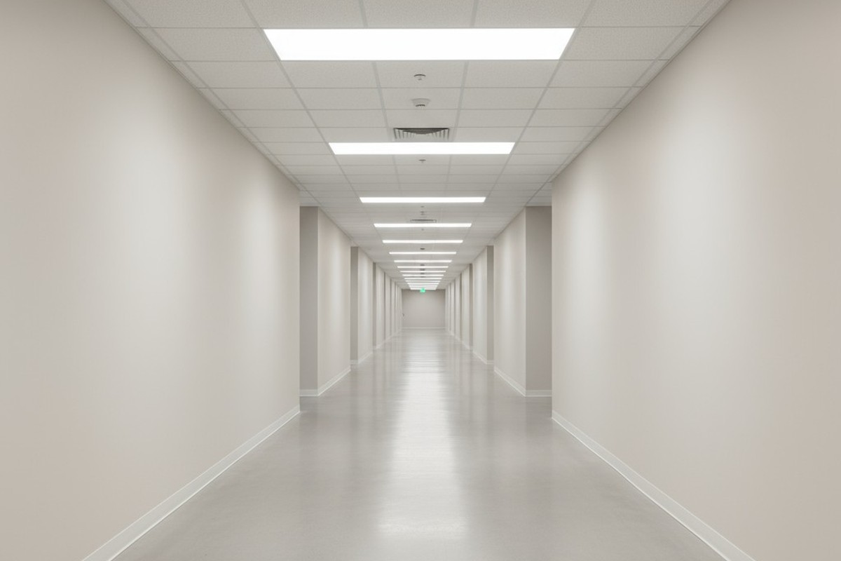 ทางเดินพาณิชย์สมัยใหม่ว่างเปล่าพร้อมพื้นคอนกรีตสีเทาอ่อนเงาและผนังสีขาวอมเหลือง ถูกส่องสว่างอย่างเท่าเทียมด้วยไฟ LED แบบฝังในเพดานเป็นแนวเส้นยาว
