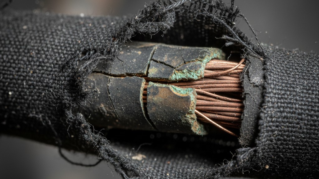 A close-up view of old, black, cloth-covered electrical wires inside a wall box, with the rubber insulation visibly cracked and flaking off.
