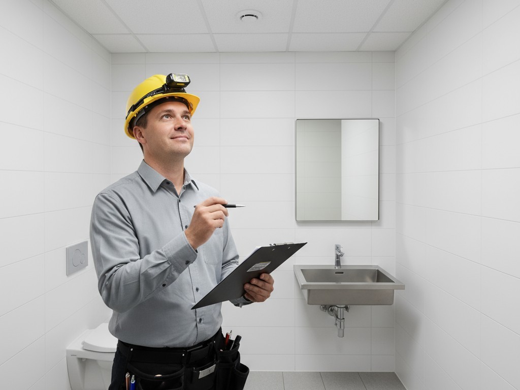 Building Inspector Easily Verifying Lighting Controls A building inspector with a clipboard smiles and gestures approvingly at a light fixture in a small commercial restroom that has just turned off automatically.