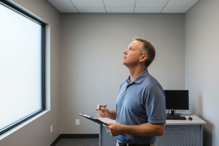 رجل في قميص بولو وسروال يحمل clipboard وينظر إلى مصباح سقف داخل مكتب صغير حديث ذو نافذة كبيرة