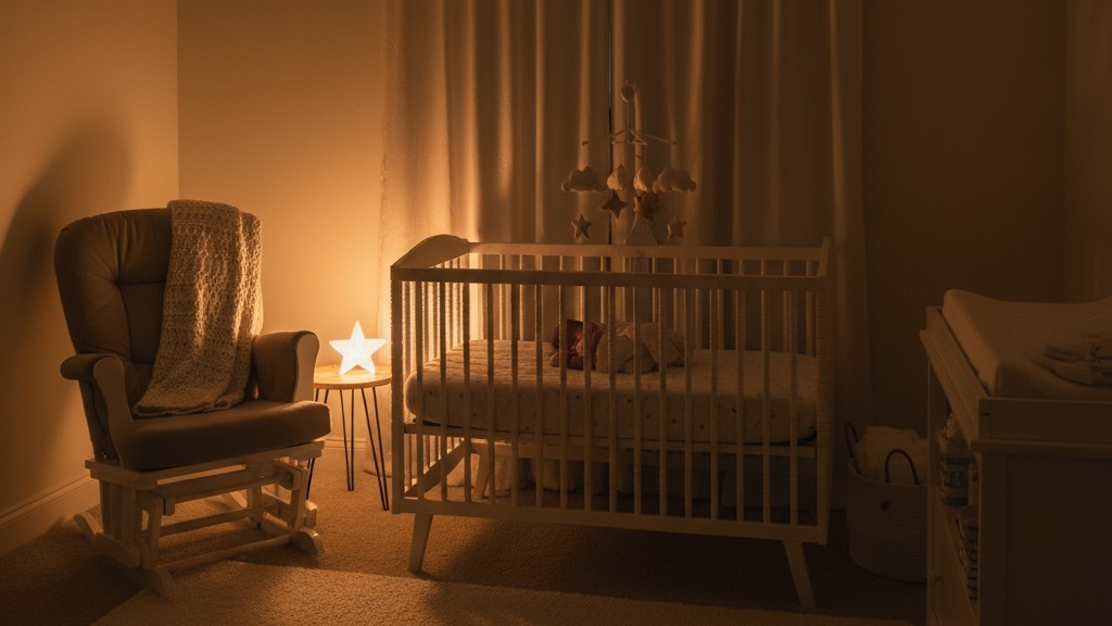 Dětský pokoj s jemným, uspávajícími nízkými svítidly s nízkou intenzitou světla Dětský pokoj v noci je osvětlen velmi tlumeným, teplým světlem, které vytváří klidné a bezpečné prostředí pro noční kontrolu