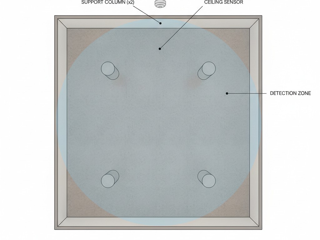 Sensor de Teto Fornece Cobertura Completa da Sala Um diagrama de cima para baixo de um porão com um sensor de teto central. Seu padrão de detecção de 360 graus cobre toda a área, vendo facilmente ao redor dos pilares de suporte.