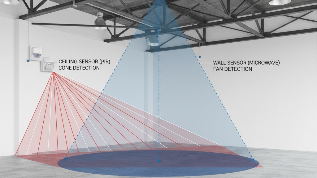 Cobertura del sensor montado en techo vs. montado en pared Diagrama que ilustra la diferencia entre el cono hacia abajo de un sensor montado en el techo y el campo de visión horizontal de un sensor montado en la pared en un garaje.