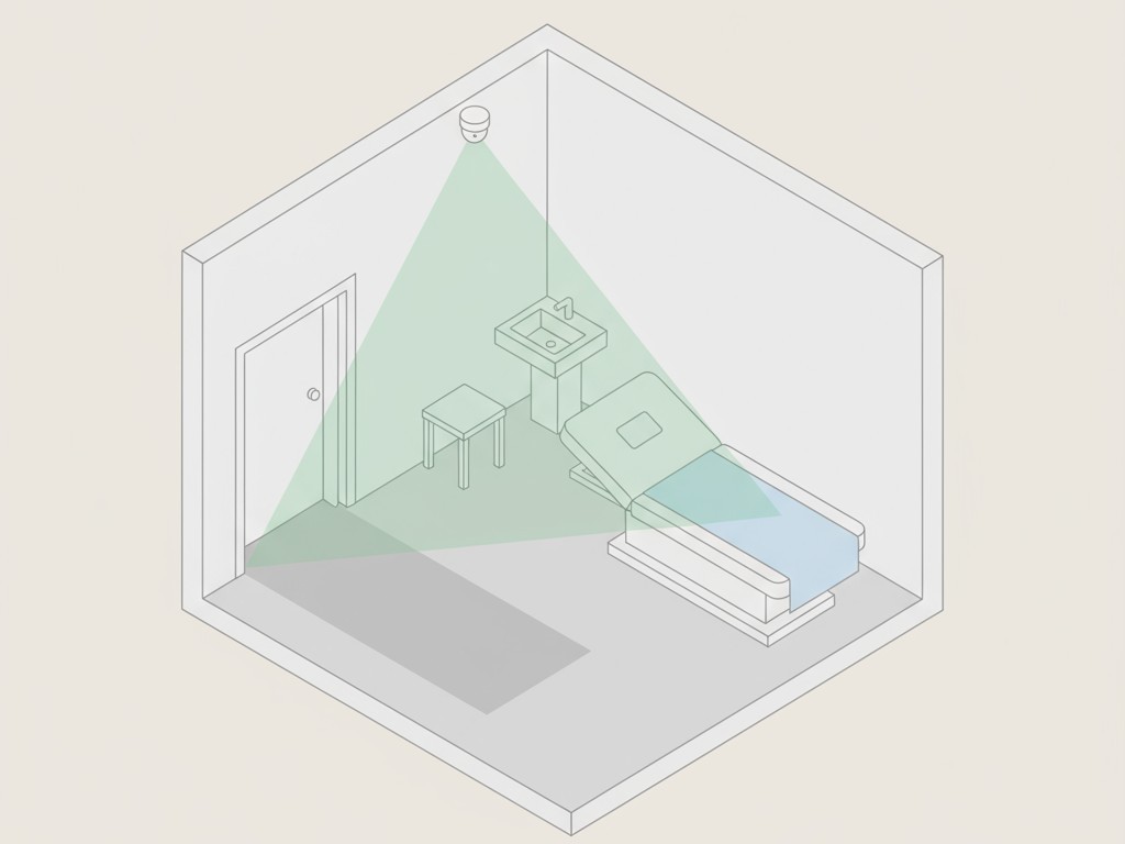 Diagram, der viser, hvordan man korrekt positionerer en bevægelsessensor monteret i loftet i et undersøgelseslokale.