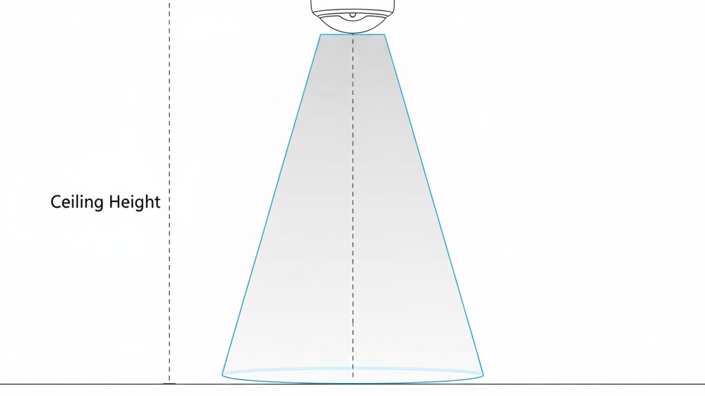 Tavan üzerinde konumlandırılmış, yere doğru koni şeklinde algı bölgesi oluşturan bir sensörün 3D diyagramı; tavan yüksekliği ve algılama yarıçapı etiketleriyle gösterilmiştir.