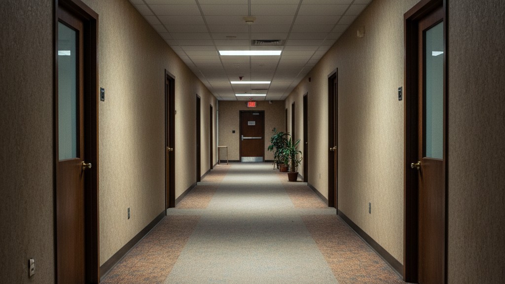 Een lege kantoor gang waar de helft van de plafond-fluorescerende lampen uitstaat, waardoor een ongelijkmatige en sombere dambordpatroon van licht en schaduw ontstaat.