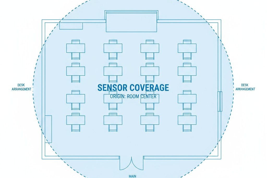 Daire şeklinde kapsama alanı ile merkezde yer alan tek bir sensörün gösterildiği, dikdörtgen biçimindeki bir sınıfın yukarıdan şeması.