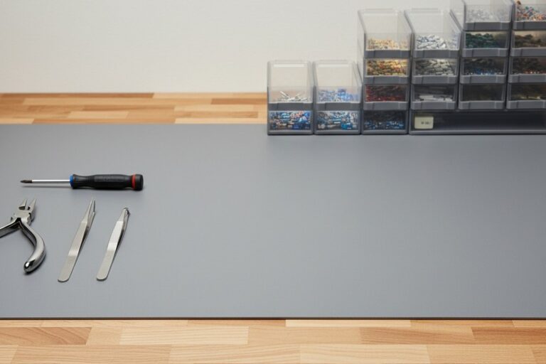 A straight-on view of a clean electronics workbench with a grey anti-static mat, neatly arranged tools to the side, and out-of-focus storage bins in the background.