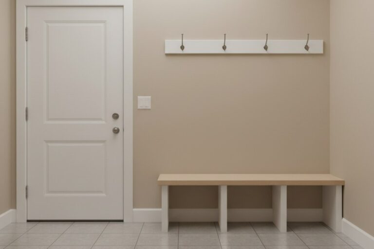 A clean and empty mudroom is brightly lit by natural light, showing a tiled floor, a bench with coat hooks, and a blank faceplate on the wall where a light switch would go.