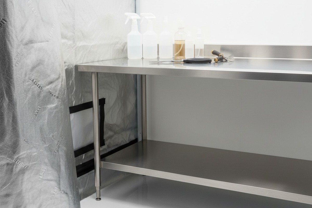 Een roestvrijstalen werkbank met verschillende sprayflessen en tuin kniptangen staat onder heldere plafondverlichting, met de zilveren mylar muur van een kweektent op de achtergrond.