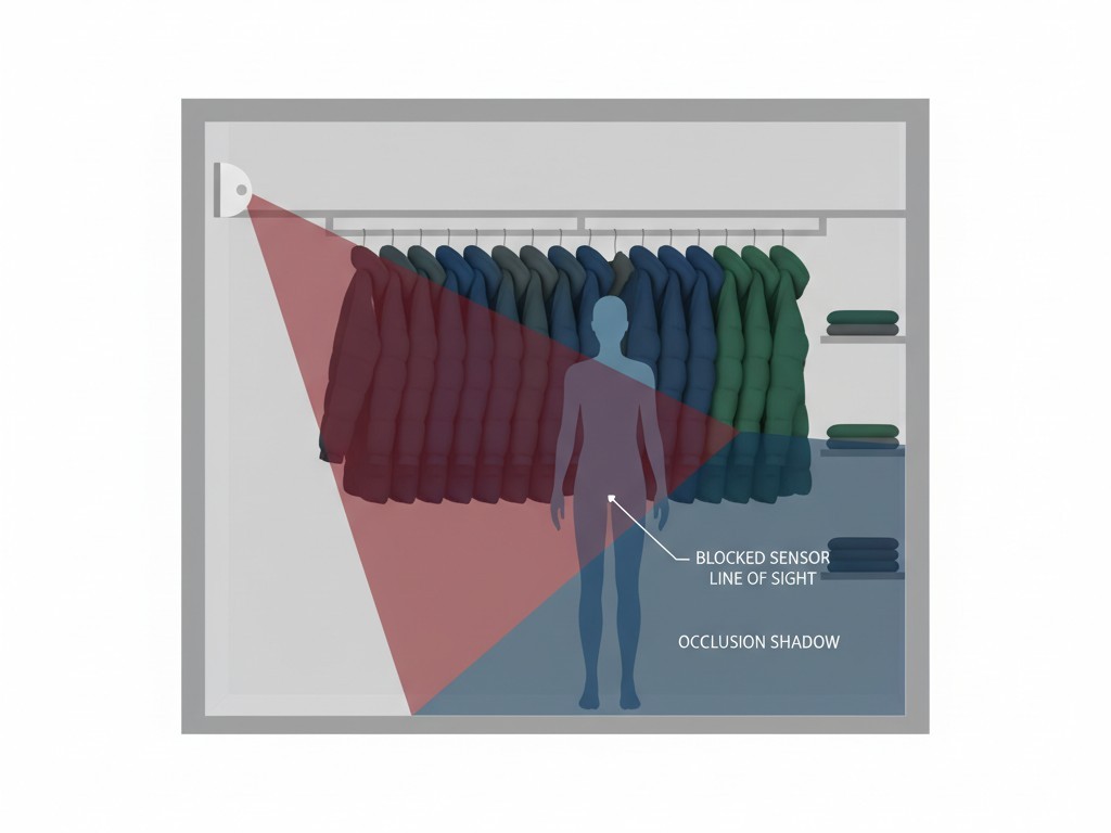 Een diagram toont hoe het gezichtsveld van een muurbevestigde bewegingssensor wordt geblokkeerd door een rek met hangende kleding, waardoor het geen persoon in de kast kan zien.