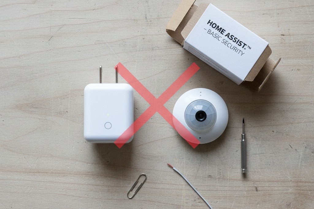 Consumer Smart Devices Unfit for Safety A white consumer-grade smart plug and a small wireless motion sensor are laid out on a clean, modern tabletop, representing an unsafe solution.