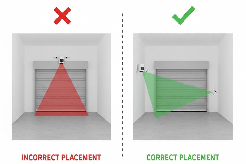 Um diagrama mostrando a maneira incorreta de montar um sensor, apontando para uma porta, versus a maneira correta, montado em uma parede lateral para olhar através da porta.