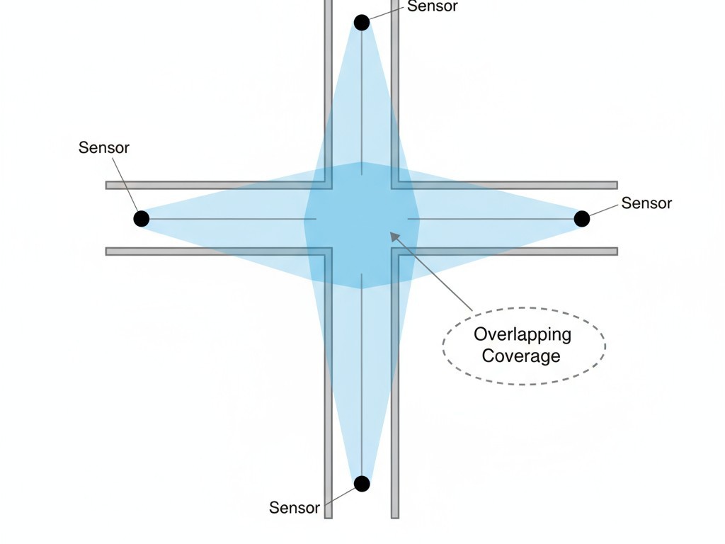 Correcte sensorplaatsing bij kruispunten Een diagram van een T-kruising in een magazijn. Sensoren worden geplaatst op de kruising om alle toegangspunten te bewaken, met overlappende detectiegebieden om blinde vlekken te voorkomen.