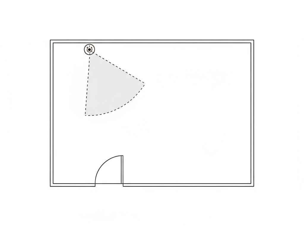 Korrekt placering af bevægelsessensor for hallway-sikkerhed En diagram, der viser en top-down visning af en gang med en korrekt placeret bevægelsessensor, der kan registrere bevægelse fra en soveværelsesdør, før en person går ind.