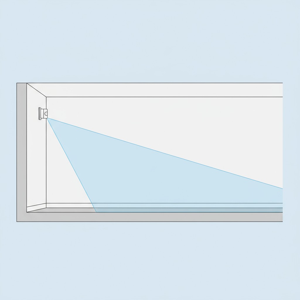 Altura e ângulo corretos de instalação para um sensor de movimento Uma ilustração mostrando um sensor de movimento montado alto na parede e angulado para baixo, criando uma zona de detecção eficaz.