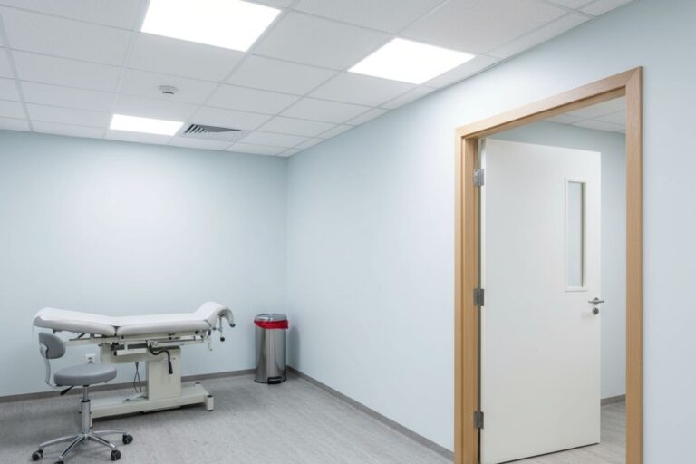 Un pequeño sensor de movimiento redondo, blanco, montado en el techo cerca de la puerta de una sala de examen médico, con la mesa de examen visible en el fondo