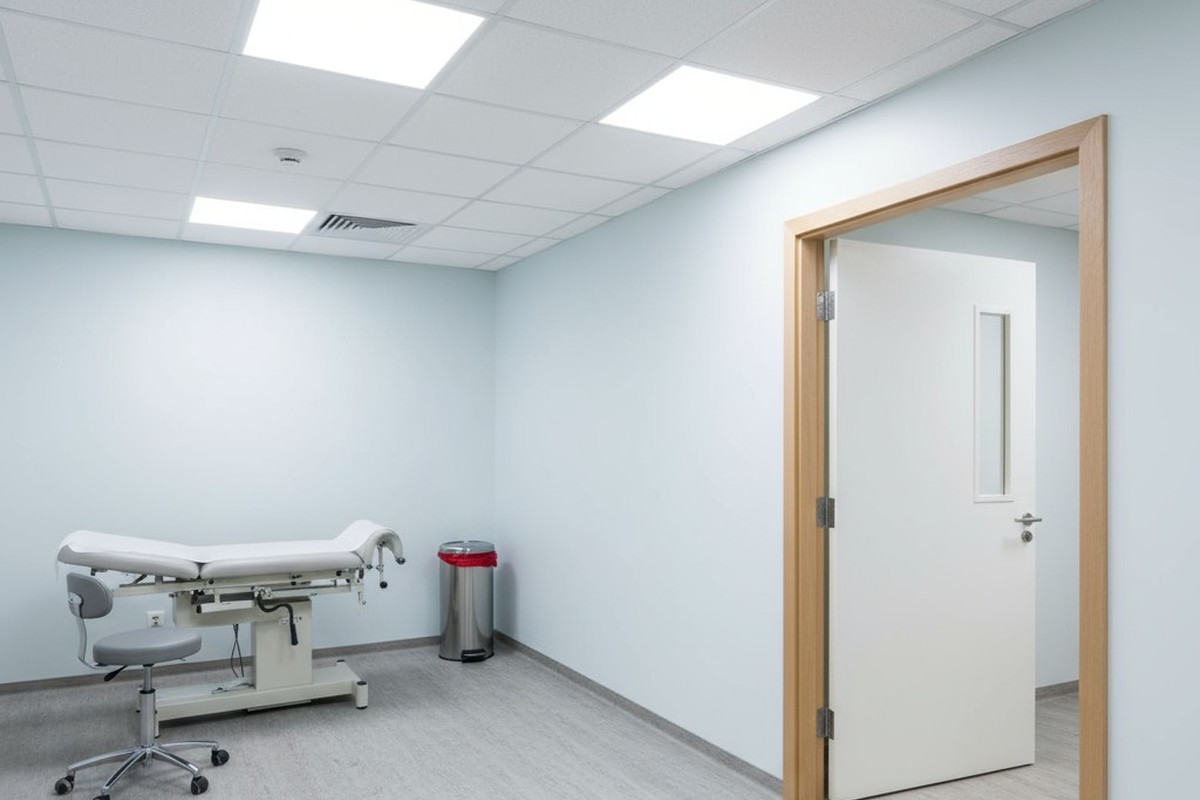 一個小巧圓形的白色動作感應器安裝在醫療診療室門口附近的天花板上,背景中可見檢查台。