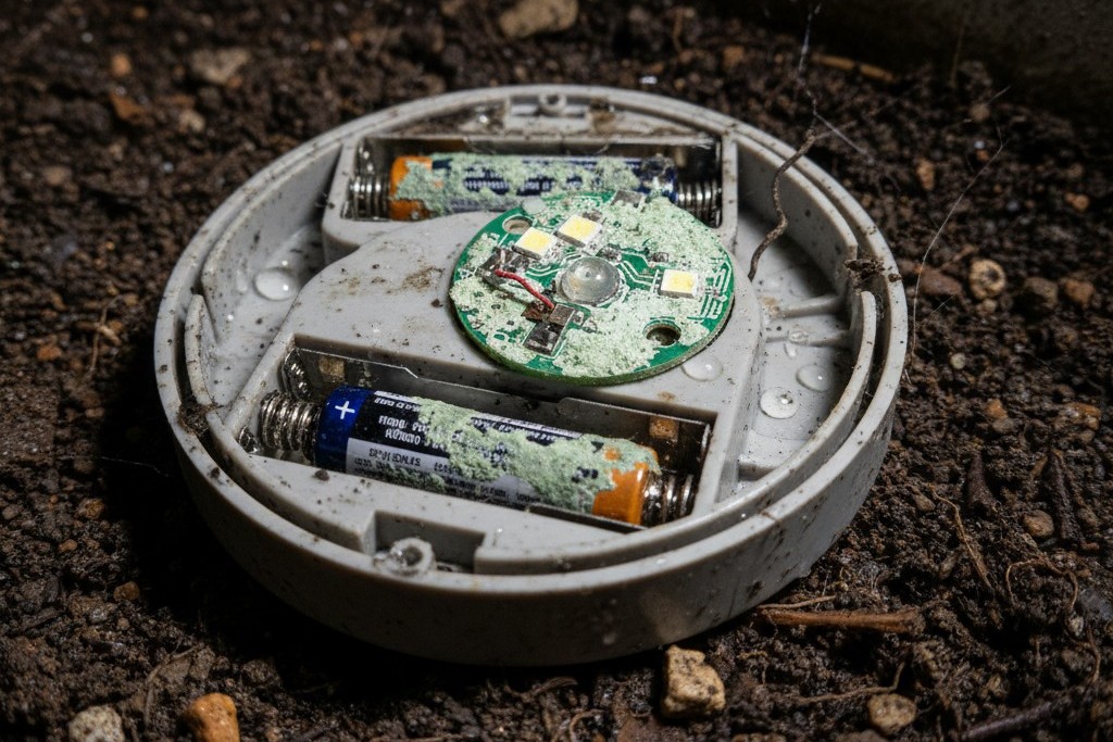 A dirty, battery-powered LED puck light sits on a damp dirt floor, its battery contacts showing visible green and white corrosion.