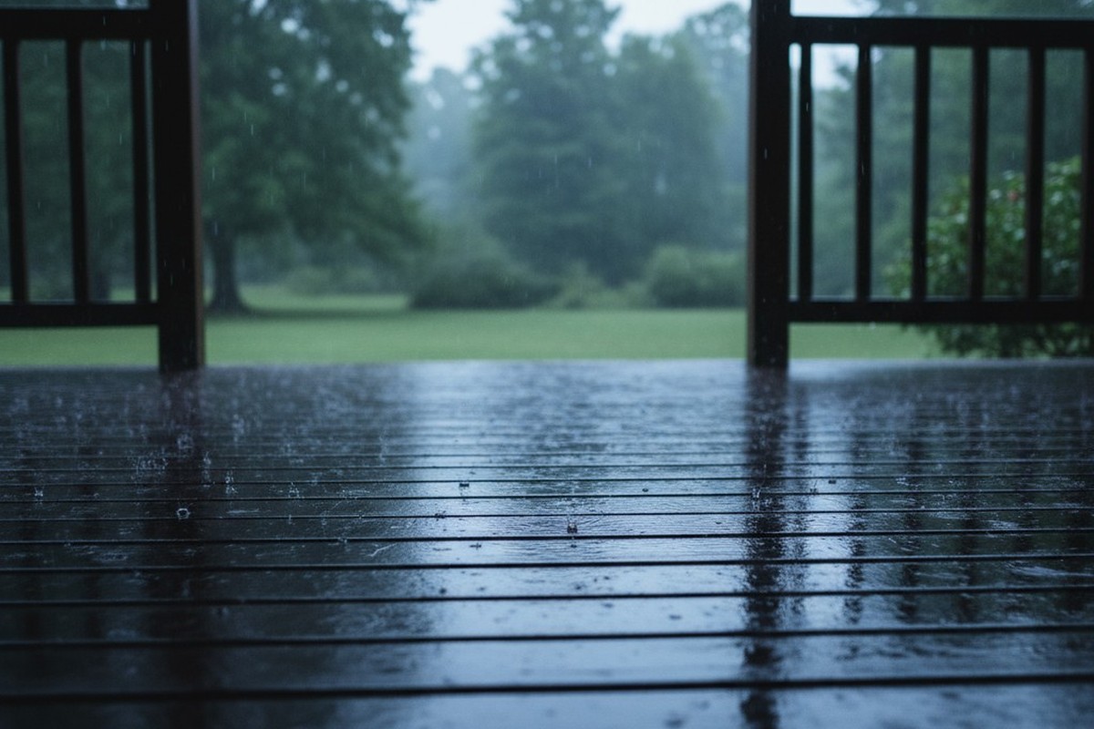 Desde un ángulo bajo en un porche de madera cubierto, la vista se extiende hacia una suave tormenta, con tablas húmedas en el suelo en primer plano y árboles verdes borrosos en el fondo.