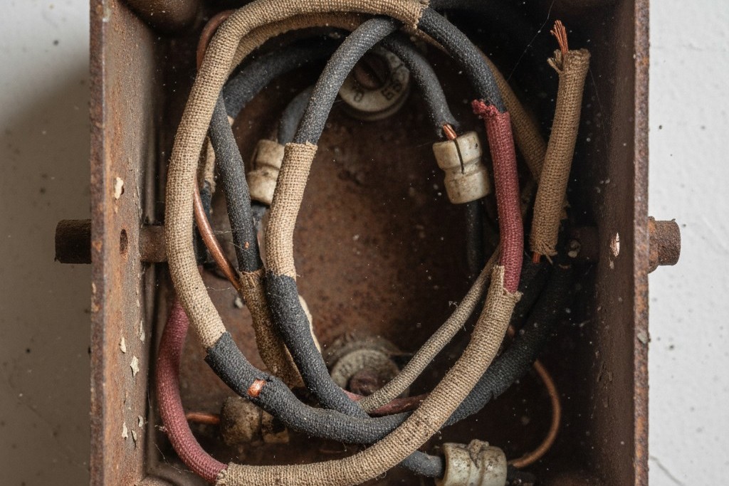 An open, shallow metal electrical box from an old home, packed tightly with stiff, cloth-covered wires, leaving very little space.