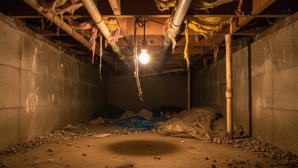 A single bare incandescent light bulb hangs from a wire, casting harsh shadows across exposed wooden joists and pipes in a dark crawl space.