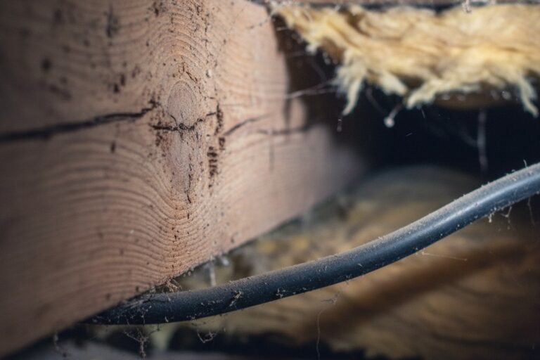 A close-up, abstract photograph showing the rough, grainy texture of an old wooden floor joist. The background is softly blurred with insulation and an electrical wire visible.