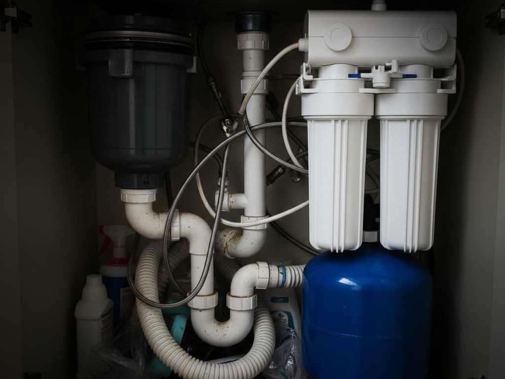 Een donkere blik in de kast onder een keukenwasbak, met een omgekeerde osmose systeem, een vuilnisvermaler en een verwarde wirwar van leidingen en buizen.