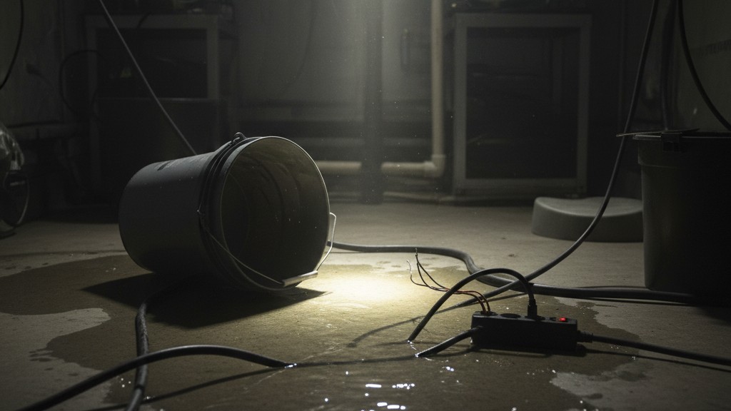 Een persoon navigeert over de donkere en rommelige vloer van een bergingsruimte waar een emmer is geknoeid bij elektrische draden en stopcontacten.