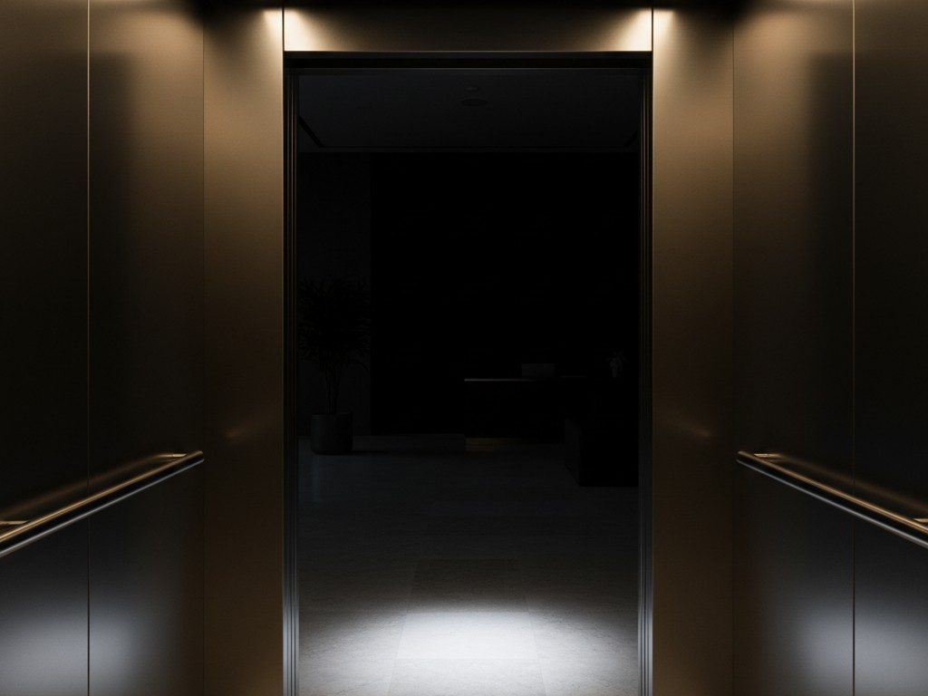 Een first-person view vanuit een in een heldere lift, kijkend naar buiten terwijl de deuren opengaan in een angstaanjagend donkere en lege kantoor lobby.