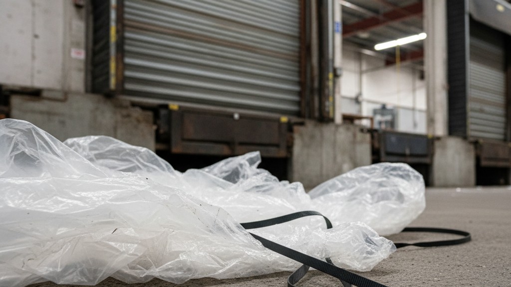 Um piso de uma doca de carga de concreto com um pequeno monte de filme plástico descartado e faixas de amarra perto do trilho de uma porta de enrolar.