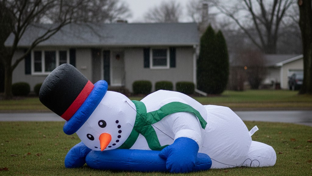 Deflated Holiday Inflatable on a Wet Lawn A large, colorful holiday inflatable lies completely deflated and wrinkled on a damp, green suburban lawn during the daytime.
