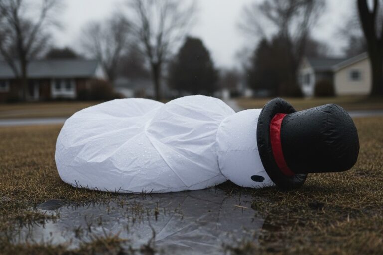 A large, white, deflated inflatable snowman lies collapsed in a puddle on a soggy lawn. Its black plastic top hat is on the grass next to it.